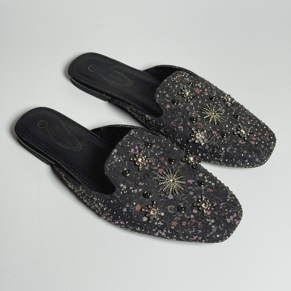 Atalina Black Floral Celestial Studded Rhinestone Mule‎ Flats Womens Size 8
